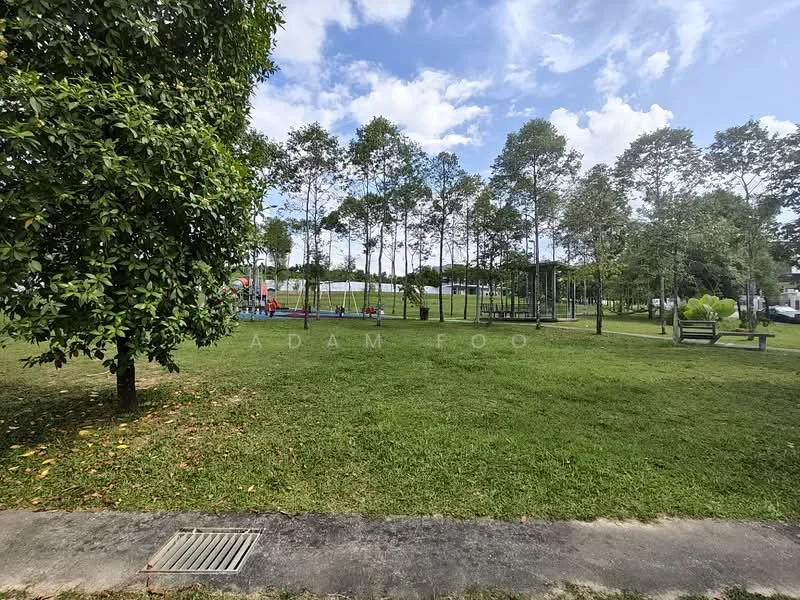 Exterior type: landscape garden; features: manicured lawn, mature trees, children's playground, swing set, park benches, paved walkway, open green space, surrounding greenery; style: modern.