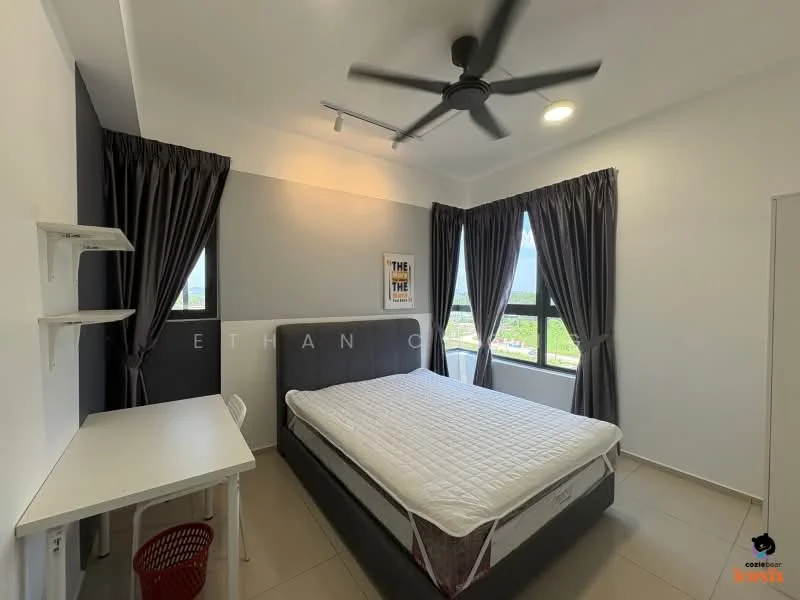 Bedroom features: queen-size bed, upholstered headboard, white bedding, 2 floor-to-ceiling windows, grey accent wall, white painted walls, ceiling fan, study desk, white chair, curtains, tile flooring, recessed downlights; style: modern; view: city.