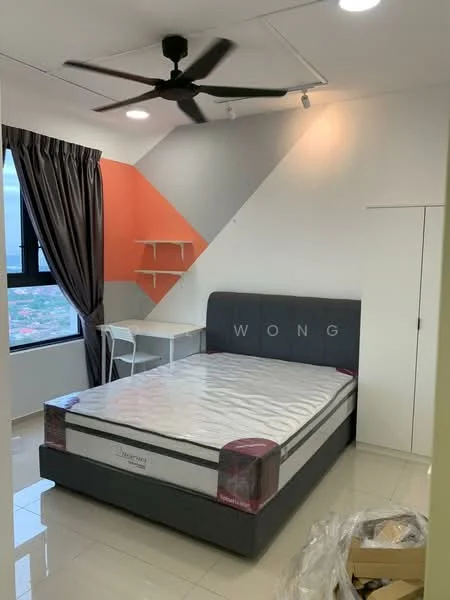 Bedroom features: queen-size bed, upholstered headboard, white bedding, 5-blade ceiling fan, floor-to-ceiling window, grey accent wall, orange accent wall, white painted walls, built-in wardrobe, study desk, shelf unit, curtains, tile flooring; style: modern; view: city.