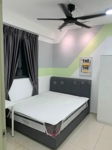 Bedroom features: queen-size bed, upholstered headboard, grey bed frame, floor-to-ceiling window, grey curtains, light green accent wall, white painted walls, ceiling fan, white bedside table, tile flooring, framed artwork on wall, built-in wardrobe; style: modern.