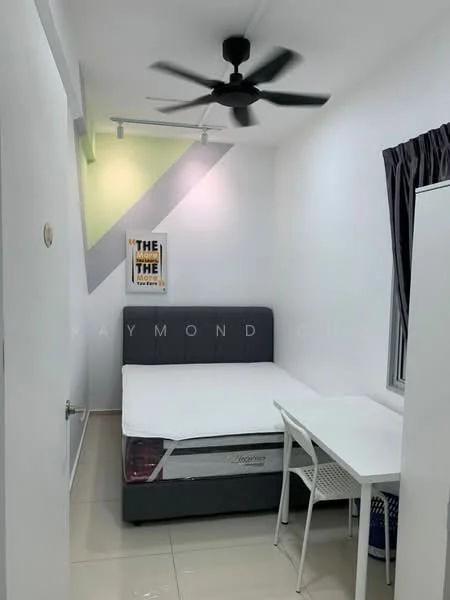 Bedroom features: queen-size bed, upholstered headboard, white walls, ceiling fan, window with grey curtains, white desk, chair, tile flooring, framed artwork, built-in wardrobe; style: modern.