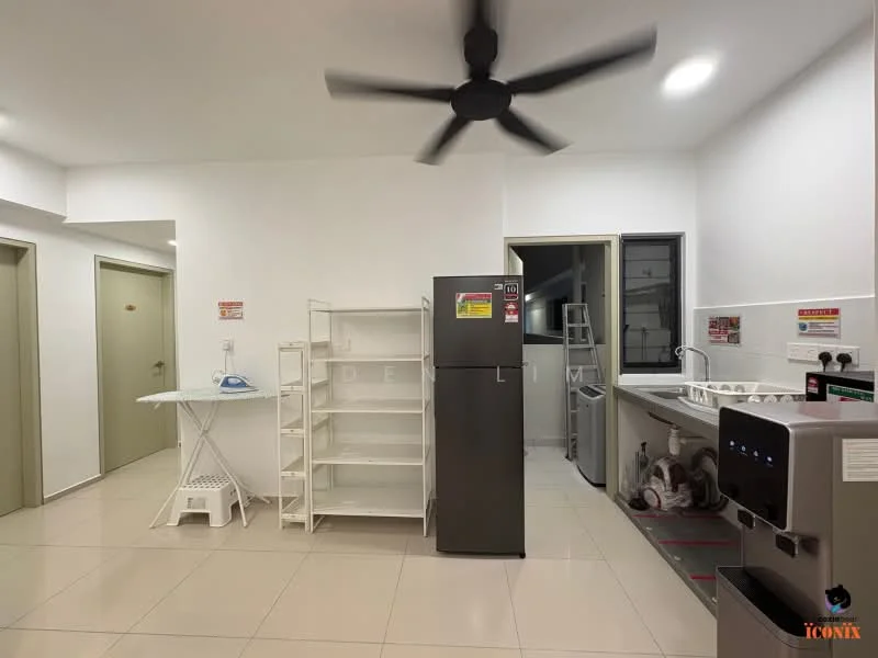 Laundry features: white painted walls, tile flooring, 5-blade ceiling fan, stainless-steel fridge, built-in washing machine, white shelving unit, ironing board, sink with countertop, window for natural light; style: modern.
