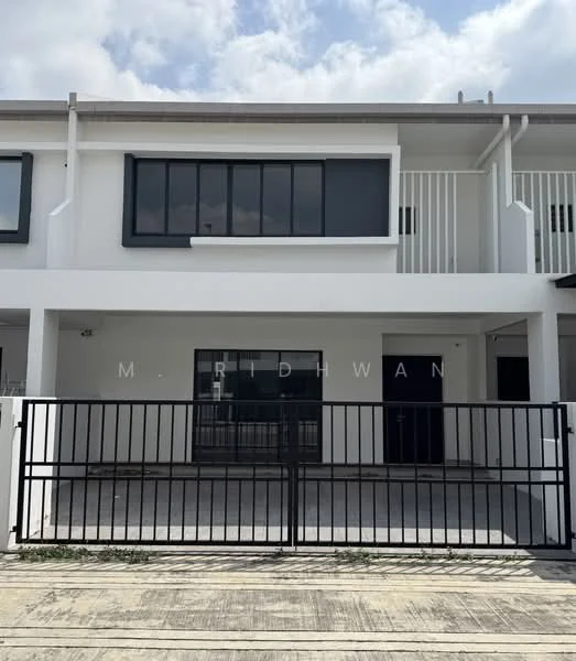 Exterior type: linked terrace house; features: white painted facade, black framed windows, metal railing on balcony, concrete flooring at entrance, single-storey, gated entrance, front yard with paving, modern architectural design; style: modern.