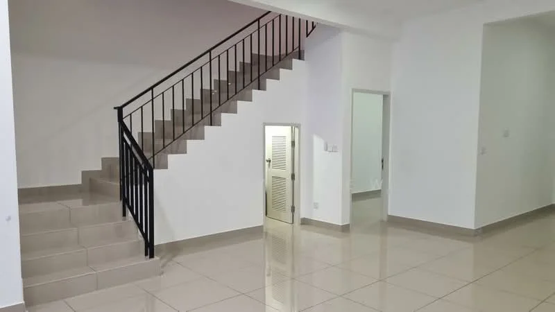 Living features: glossy tile flooring, white painted walls, staircase with black metal railing, built-in storage cupboard, recessed lighting, neutral color scheme, open layout, large wall space for decor; style: modern.