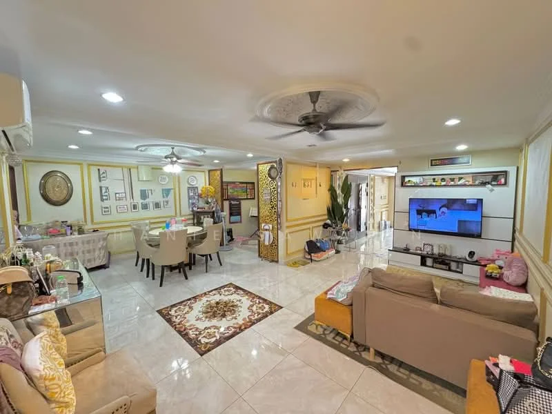 Living features: cream painted walls, white ceiling with decorative moulding, 5-blade ceiling fan with light, recessed LED downlights, marble tile flooring, sofa in beige, orange accent chair, coffee table, TV console with wall-mounted TV, area rug with floral pattern, decorative wall art, houseplants in ceramic pots, open shelving with decorative items; style: modern. Dining features: 6-seater dining table, upholstered dining chairs, decorative centerpiece, wall-mounted artwork; style: modern.