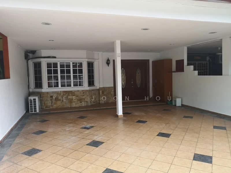 Exterior features: tiled flooring with black and beige pattern, white painted walls, large windows with grid pattern, wooden double doors with glass inserts, stone cladding on wall, air conditioning unit, open space layout, ceiling lights; style: modern.