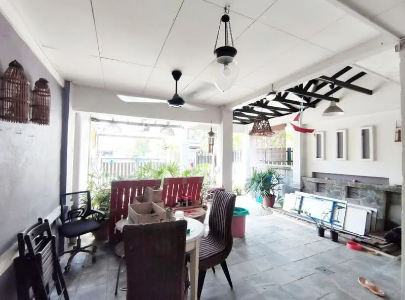 Room features: exposed wooden beams on ceiling, ceiling fan, hanging pendant light, sliding glass door, stone feature wall, grey tiled flooring, dining table with chairs, outdoor seating area, potted plants, decorative wall art, open layout; style: modern.