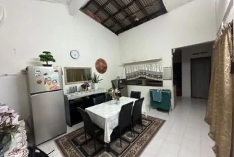 Dining features: white walls, tiled flooring, exposed beam ceiling, 6-seater dining table, black dining chairs, refrigerator, mirror on wall, decorative wall art, potted plant, kitchen counter, sink, window with curtain; style: modern.