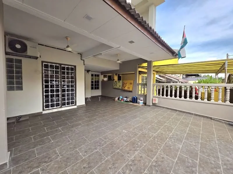 Room features: grey tiled flooring, exposed ceiling with recessed lights, 2 ceiling fans, sliding glass door, grill door, open space layout, yellow awning, decorative railing, air conditioning unit; style: modern; view: garden.
