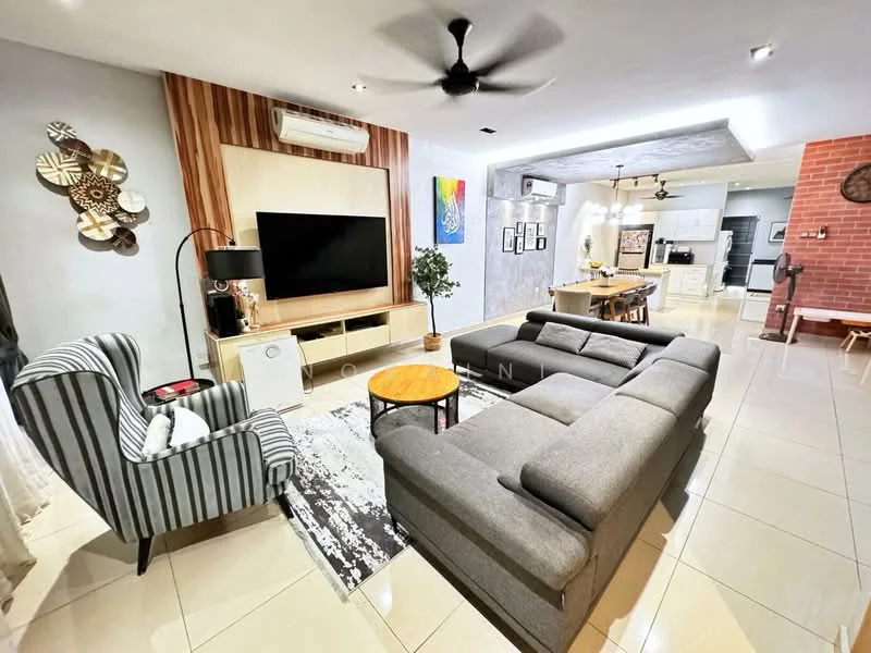 Living features: 3-seater fabric sofa in grey, armchair with striped pattern, coffee table, TV console, wall-mounted TV, area rug with geometric pattern, ceiling fan, recessed downlights, decorative wall art, wood panel accent wall, white painted walls, tile flooring; style: modern. Kitchen features: open-plan layout, kitchen island, white cabinetry, stainless-steel appliances, pendant lighting, tile backsplash; style: modern.