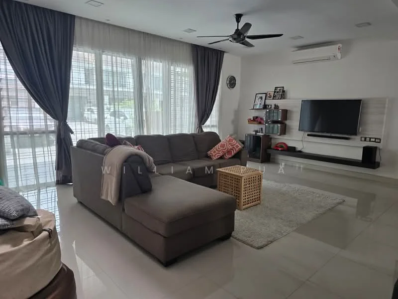 Living features: 3-seater fabric sofa in grey, 2-seater fabric sofa in beige, coffee table, TV console, wall-mounted TV, area rug, floor-to-ceiling windows, sheer curtains, recessed downlights, ceiling fan, white painted walls, polished tile flooring; style: modern.
