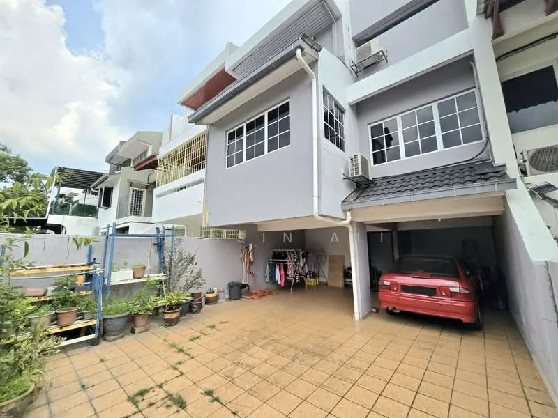 Exterior type: linked terrace house; features: grey painted facade, flat roof, car porch with awning, manicured lawn, potted plants, clothes hanging area, two visible air conditioning units, driveway with interlocking pavers; style: modern.