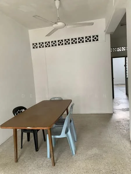 Dining features: table with wooden surface, 4 chairs, ceiling fan, white painted walls, exposed brick design above table, terrazzo flooring, doorway leading to another room; style: minimalist.