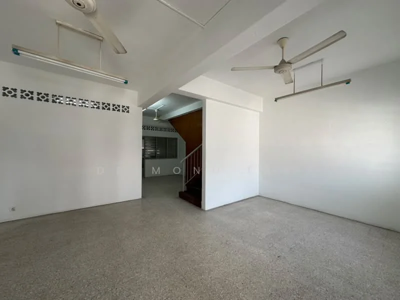 Room features: white painted walls, concrete flooring, 2 ceiling fans, staircase in background, open layout, no visible furniture, natural light from windows, high ceiling; style: minimalist.