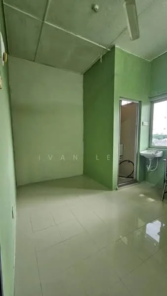 Room features: green painted walls, glossy tile flooring, ceiling fan, window with natural light, doorway leading to another room, corner of the room with no furniture, plain ceiling, no visible decor; style: minimalist.