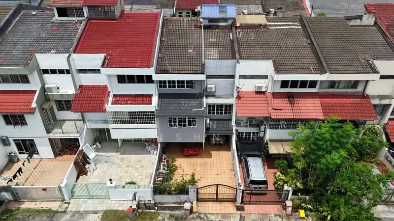 Exterior type: linked terrace house; features: red tiled roof, white painted facade, two-storey structure, driveway with interlocking pavers, manicured lawn, front porch area, visible car parking, air conditioning units on facade, surrounded by greenery, balconies on upper floors; style: modern.