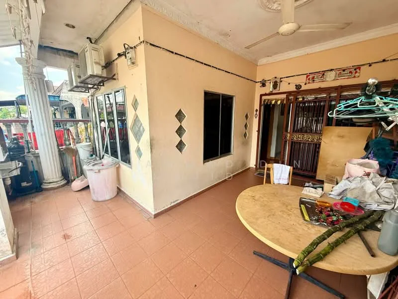 Room features: tile flooring, ceiling fan, wall-mounted air conditioning unit, large windows, wooden door with decorative grill, round dining table, clothes drying rack, decorative wall tiles, exposed ceiling, light fixture.