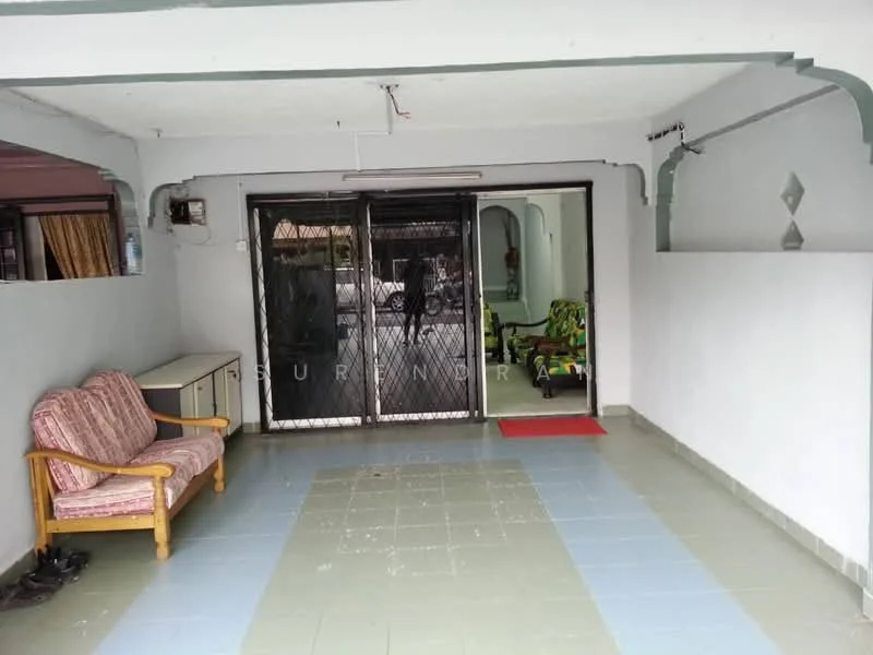 Room features: grey tiled flooring, white painted walls, sliding glass door, wooden sofa with fabric upholstery, small side table, curtains, ceiling light fixture; style: modern.