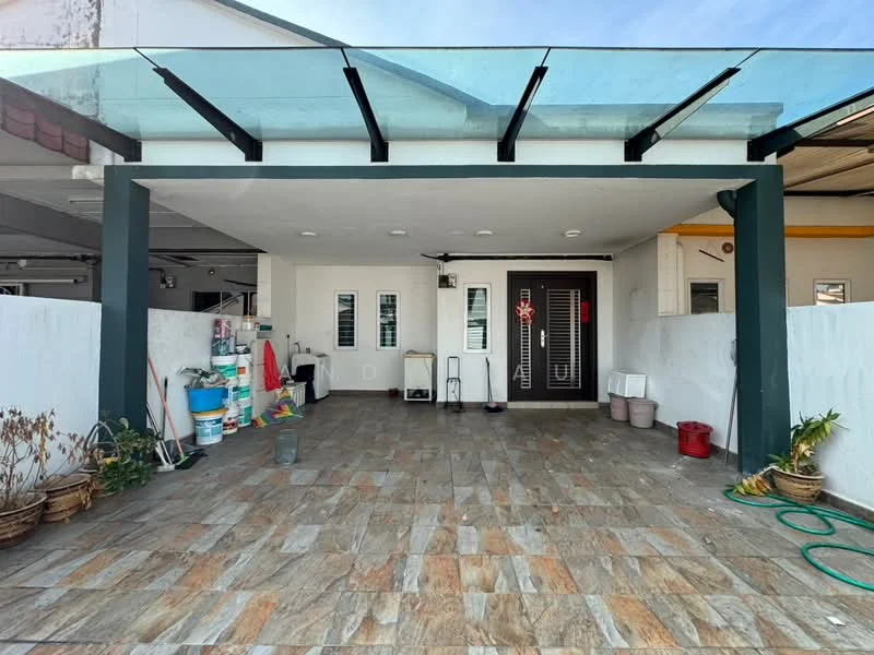Exterior type: linked terrace house; features: covered car porch with glass roof, stone-paved flooring, white painted walls, two vertical windows, main entrance door with security grille, decorative wall planters, baskets with plants, various cleaning supplies and tools, garden hose; style: modern.