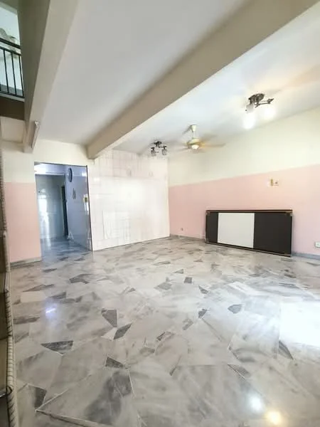 Living features: marble tile flooring, pink painted walls, white painted walls, exposed beams on ceiling, ceiling fan, recessed downlights, wall-mounted cabinet, open layout; style: modern. Room features: doorway leading to another room, light-colored walls, unknown flooring.