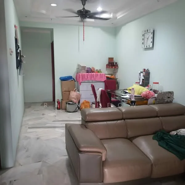Living features: light grey painted walls, marble tile flooring, 5-blade ceiling fan with light, sofa in beige, coffee table, wall clock, dining table with red chairs, boxes and bags for storage, decorative cushion, open layout to hallway.