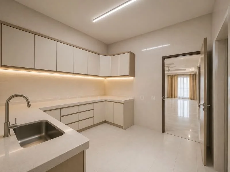 Kitchen features: single-bowl stainless-steel sink, chrome pull-down faucet, light-colored laminate countertop, white upper cabinets, beige lower cabinets, recessed LED downlights, smooth tiled flooring, wall-mounted cabinetry, open layout to adjacent room, neutral wall color, under-cabinet lighting; style: modern.