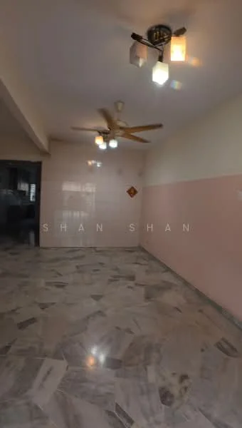 Room features: marble flooring, white painted walls, pink accent wall, ceiling fan with light, multiple ceiling lights, open layout, large windows, no visible furniture; style: modern.