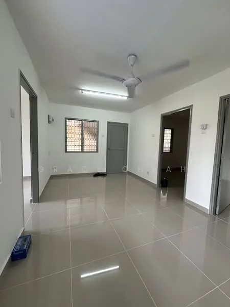 Room features: white painted walls, glossy ceramic tile flooring, ceiling fan, LED ceiling light, two windows with grilles, grey doors, neutral color scheme, open layout; style: modern.