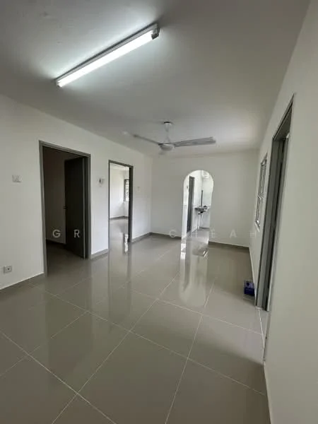 Room features: white painted walls, glossy ceramic tile flooring, ceiling fan, recessed lighting, arched doorway, multiple doorways, large windows, neutral color scheme; style: modern.