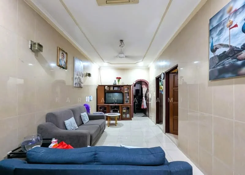 Living features: cream painted walls, glossy tile flooring, sofa in grey fabric, 2-seater sofa, coffee table, wooden display cabinet, framed artwork on walls, recessed ceiling lights, doorway leading to another room, decorative plants, wall-mounted light fixtures; style: modern.