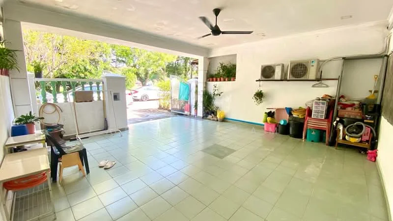 Room features: light green tiled flooring, white painted walls, ceiling fan, wall-mounted air conditioning unit, open space layout, large opening to exterior, potted plants, storage shelves, various household items, sliding gate, natural light from outside; style: modern; view: garden.