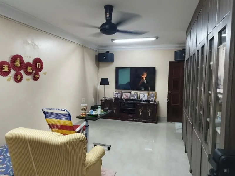 Living features: cream painted walls, white ceiling, marble tile flooring, 5-blade ceiling fan with light, wall-mounted TV, wooden TV console, framed photographs on console, black lamp on side table, two speakers mounted on walls, armchair with striped upholstery, foldable chair, decorative wall art, built-in cabinets with glass doors; style: traditional.