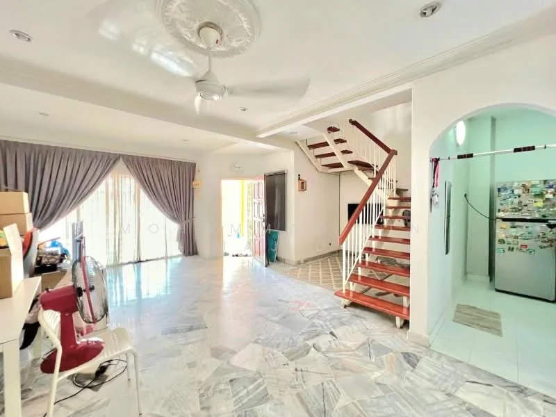 Living features: marble tile flooring, white painted walls, tray ceiling with ceiling rose, 5-blade ceiling fan, large windows with sheer curtains, sliding glass door leading to outdoor area, decorative wall with staircase, open layout, area rug, wall-mounted TV, built-in shelving unit; style: modern; view: garden. Kitchen features: ceramic tile flooring, white walls, stainless-steel fridge, built-in cabinets, countertop, sink, kitchen appliances visible; style: modern.