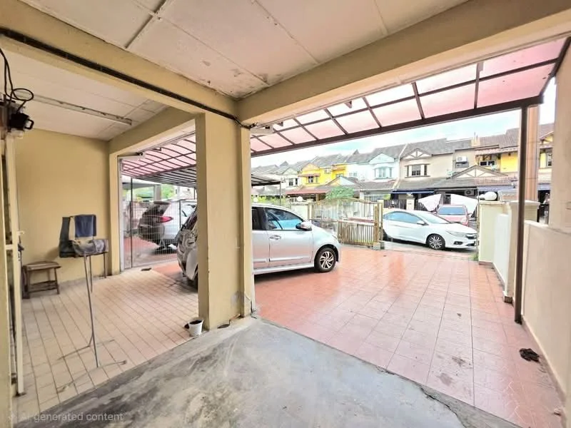 Exterior type: linked terrace house; features: car porch with awning, paved driveway, manicured lawn, fenced yard, covered parking area, surrounded by residential houses, open-air parking lot; style: modern.