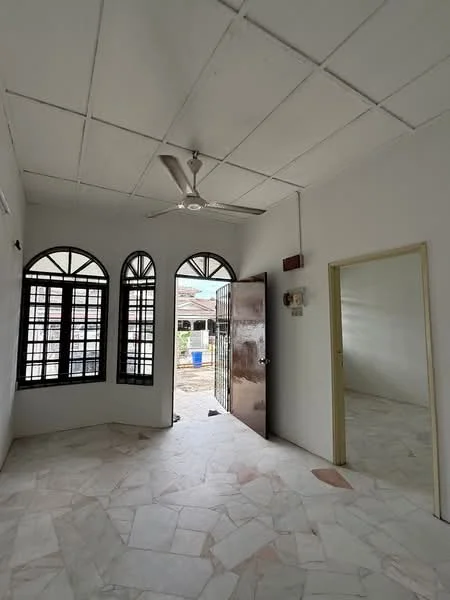 Room features: white painted walls, marble flooring, 5-blade ceiling fan, arched windows, double door, door with glass panel, natural light from windows, open layout; style: modern; view: garden.