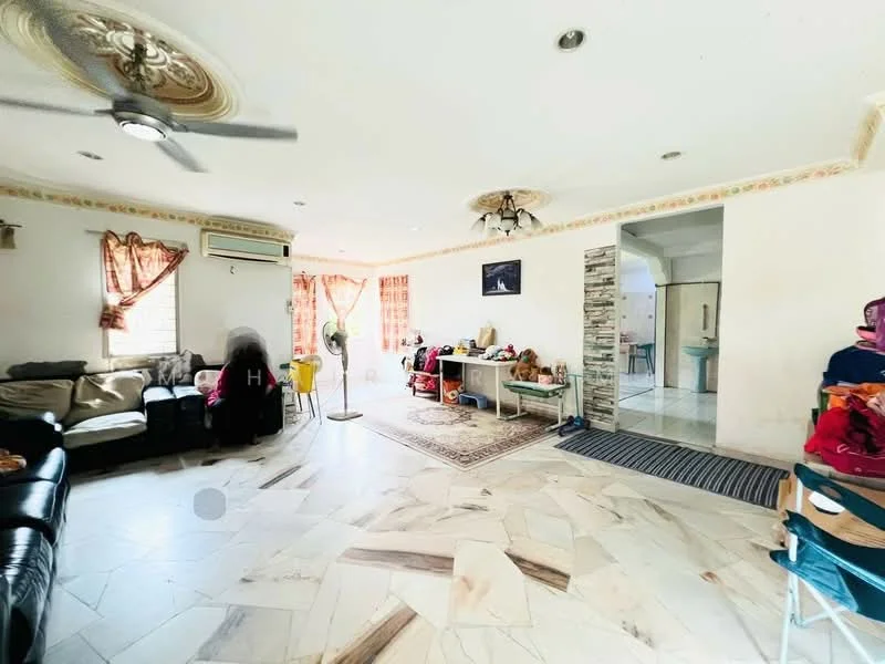 Living features: 3-seater black leather sofa, 2-seater fabric sofa, ceiling fan with light, wall-mounted air conditioning unit, decorative ceiling rose, area rug with geometric pattern, coffee table, TV console, wall-mounted TV, sliding glass door, window with sheer curtains, tile flooring with marble pattern; style: contemporary. Dining features: dining table with chairs, open shelving unit, decorative wall art, tile flooring with marble pattern; style: contemporary. Kitchen features: kitchen island, stainless-steel sink, built-in cabinetry, tile backsplash, refrigerator, oven, tile flooring with marble pattern; style: contemporary.
