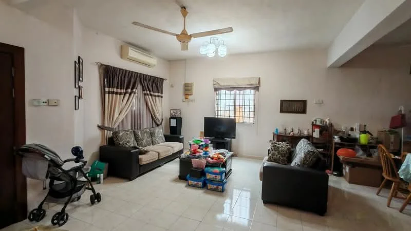 Living features: 3-seater fabric sofa in grey, 2-seater leather sofa, coffee table, wall-mounted TV, TV console, area rug, ceiling fan, window with sheer curtains, white painted walls, tile flooring, decorative wall clock, built-in cabinets, decorative items on shelves; style: contemporary.