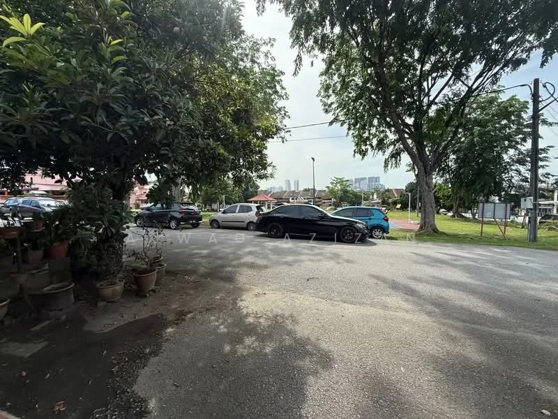 Exterior features: paved road, street view, mature trees, landscaped garden, parked cars, residential area, open space.