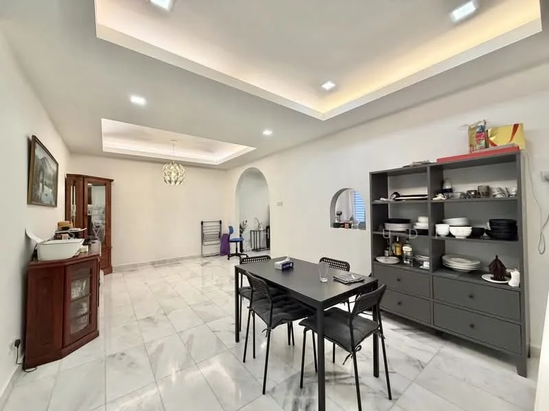 Dining features: marble tile flooring, white painted walls, tray ceiling with recessed lighting, dining table with black chairs, grey sideboard with decorative items, glass display cabinet, wall-mounted shelves, chandelier, arched doorway, decorative wall art; style: modern.