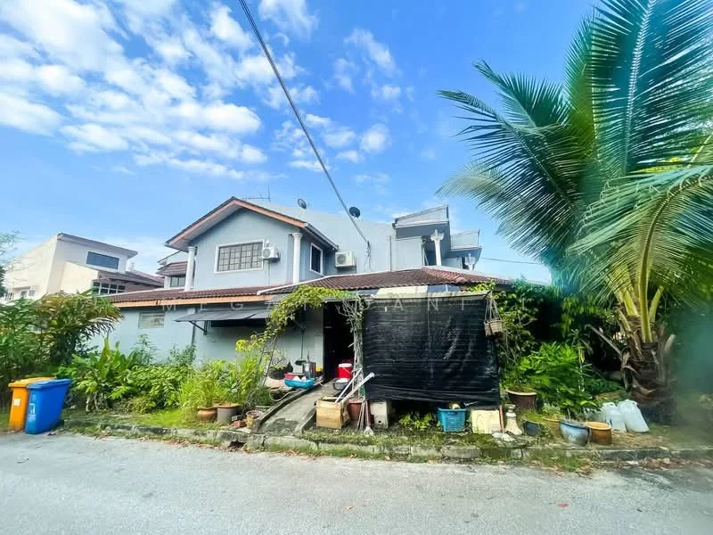 Exterior type: detached bungalow; features: grey painted facade, pitched tile roof, surrounded by greenery, large palm tree, manicured garden, outdoor storage area, paved walkway, multiple satellite dishes, visible air conditioning units; style: modern.