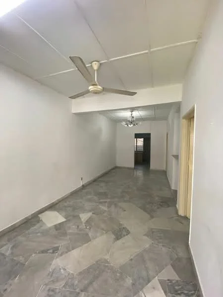 Room features: white painted walls, ceiling fan, marble tile flooring, recessed ceiling, doorway leading to another room, neutral color scheme, natural light from windows, open layout; style: modern.