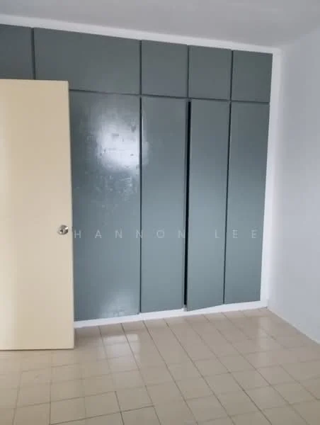 Room features: cream tiled flooring, white painted walls, built-in wardrobe with grey doors, single door with yellow finish.