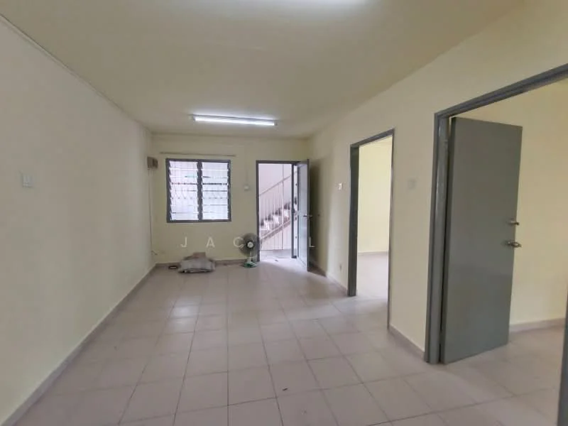 Room features: light beige painted walls, white ceiling, tile flooring, single door, window with security bars, light fixture on ceiling, open layout, doorway leading to staircase; style: minimalist.