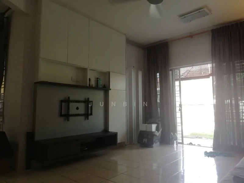 Living features: white painted walls, cream tiled flooring, 5-blade ceiling fan, wall-mounted TV console, built-in cabinetry, large sliding glass door, sheer curtains, natural light from windows; style: modern; view: garden.