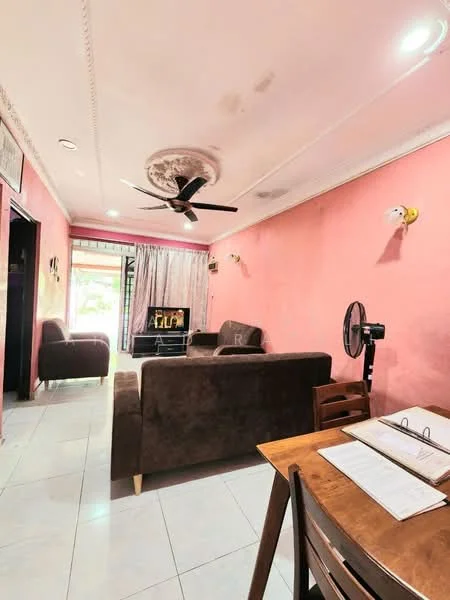 Living features: pink painted walls, ceramic tile flooring, exposed ceiling with decorative moulding, 5-blade ceiling fan, sofa in brown fabric, coffee table, TV console, wall-mounted TV, curtains, floor fan, dining table with chairs; style: modern; view: garden.