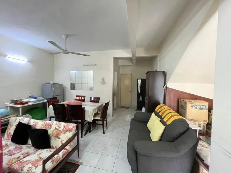 Living features: 3-seater fabric sofa in grey, 2-seater fabric sofa with floral pattern, coffee table, dining table with 6 chairs, ceiling fan, wall-mounted mirror, white painted walls, tile flooring, recessed lighting, built-in cabinet, greenery view from window; style: modern.