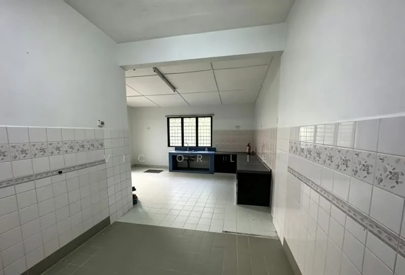 Room features: white painted walls, grey tiled flooring, white ceramic tile backsplash, blue countertop, black cabinetry, window with grid pattern, fluorescent ceiling light, open layout.