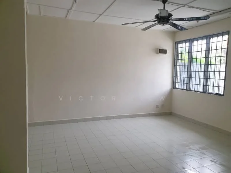 Room features: white painted walls, ceiling fan, square tile flooring, large windows, window with grille, neutral color scheme, corner wall-mounted air conditioning unit, no visible furniture; style: minimalist; view: garden.