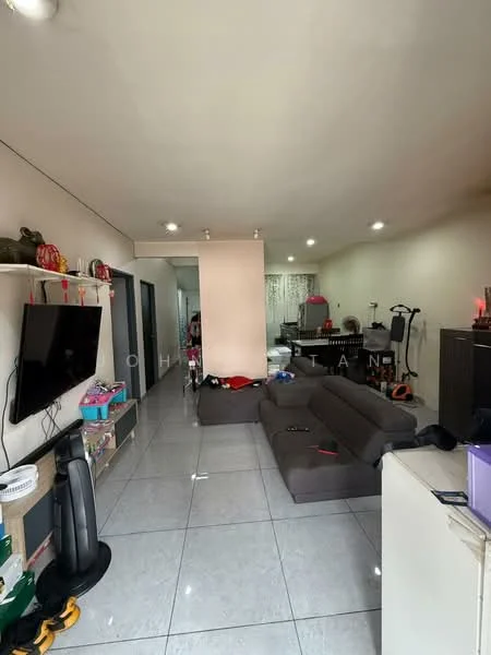 Living features: grey L-shape sectional sofa, wall-mounted TV, recessed downlights, white painted walls, glossy tile flooring, open layout, decorative wall shelf, exercise equipment, dining table in background; style: modern.