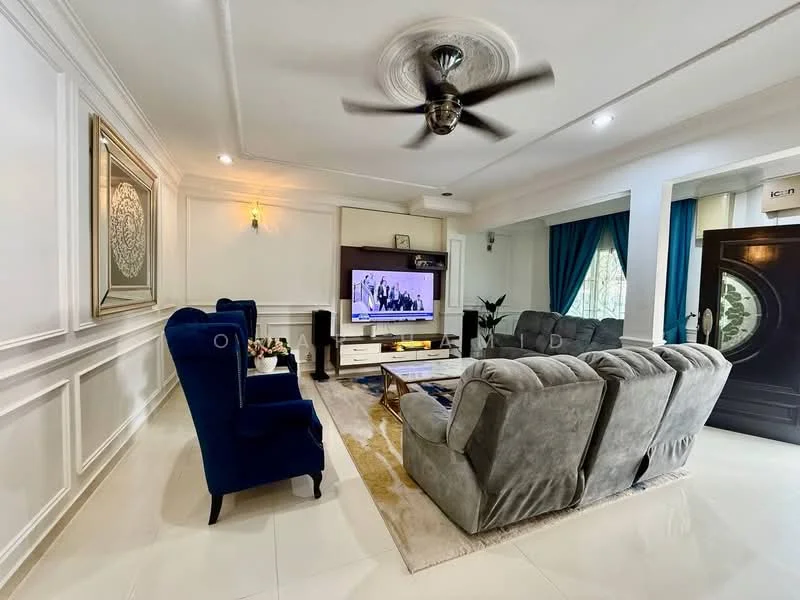 Living features: 3-seater grey fabric sofa, 2-seater blue armchair, coffee table, wall-mounted TV, decorative wall paneling, recessed lighting, ceiling fan with light, area rug, curtains in blue, white painted walls, tile flooring; style: modern.